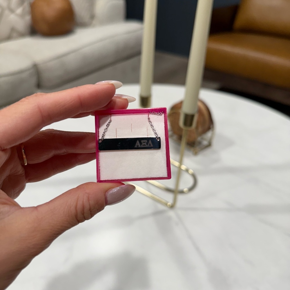 Alpha Xi Delta Silver Bar Necklace with Engraved Letters (Pink Box)